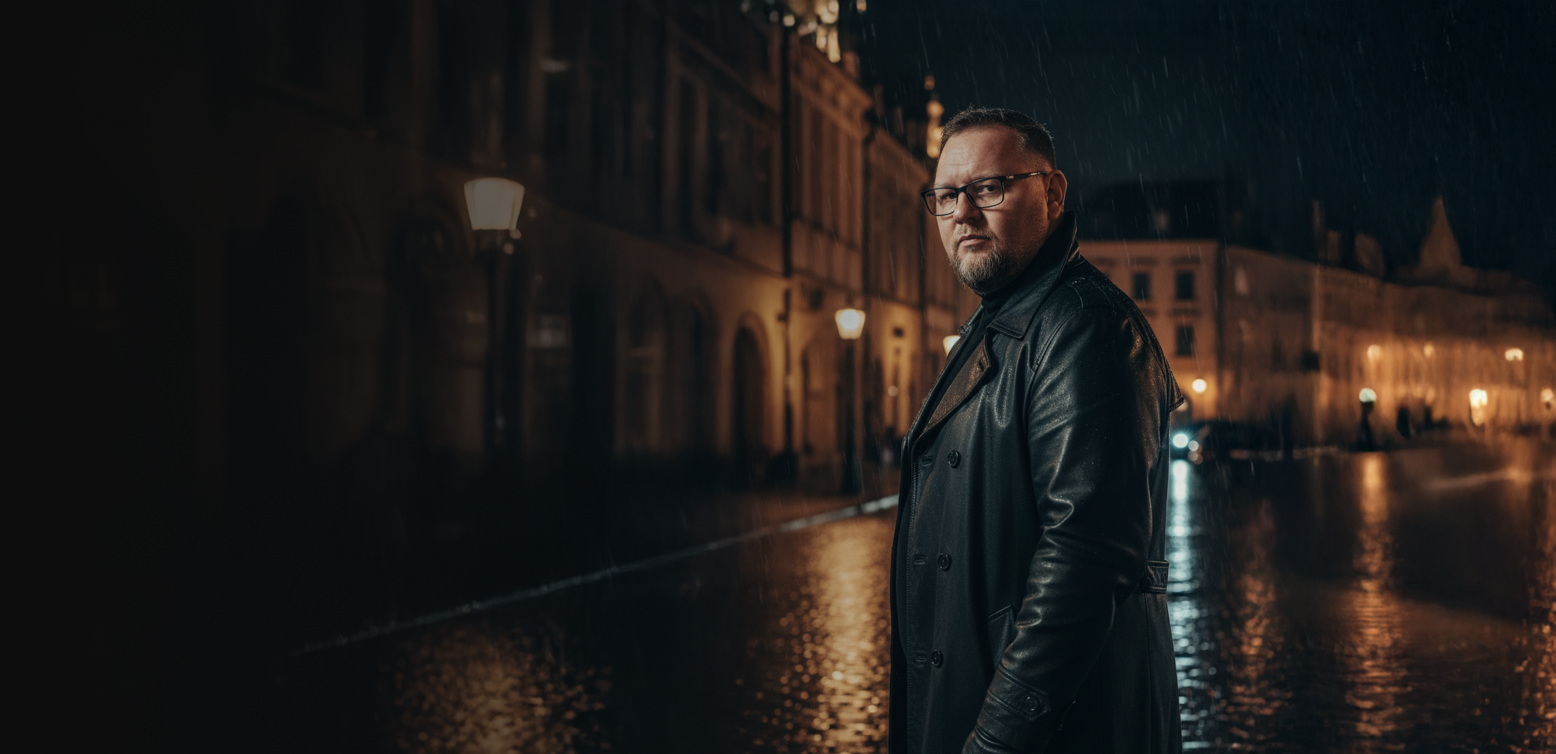 Krzysztof Andryszek nocą w deszczu